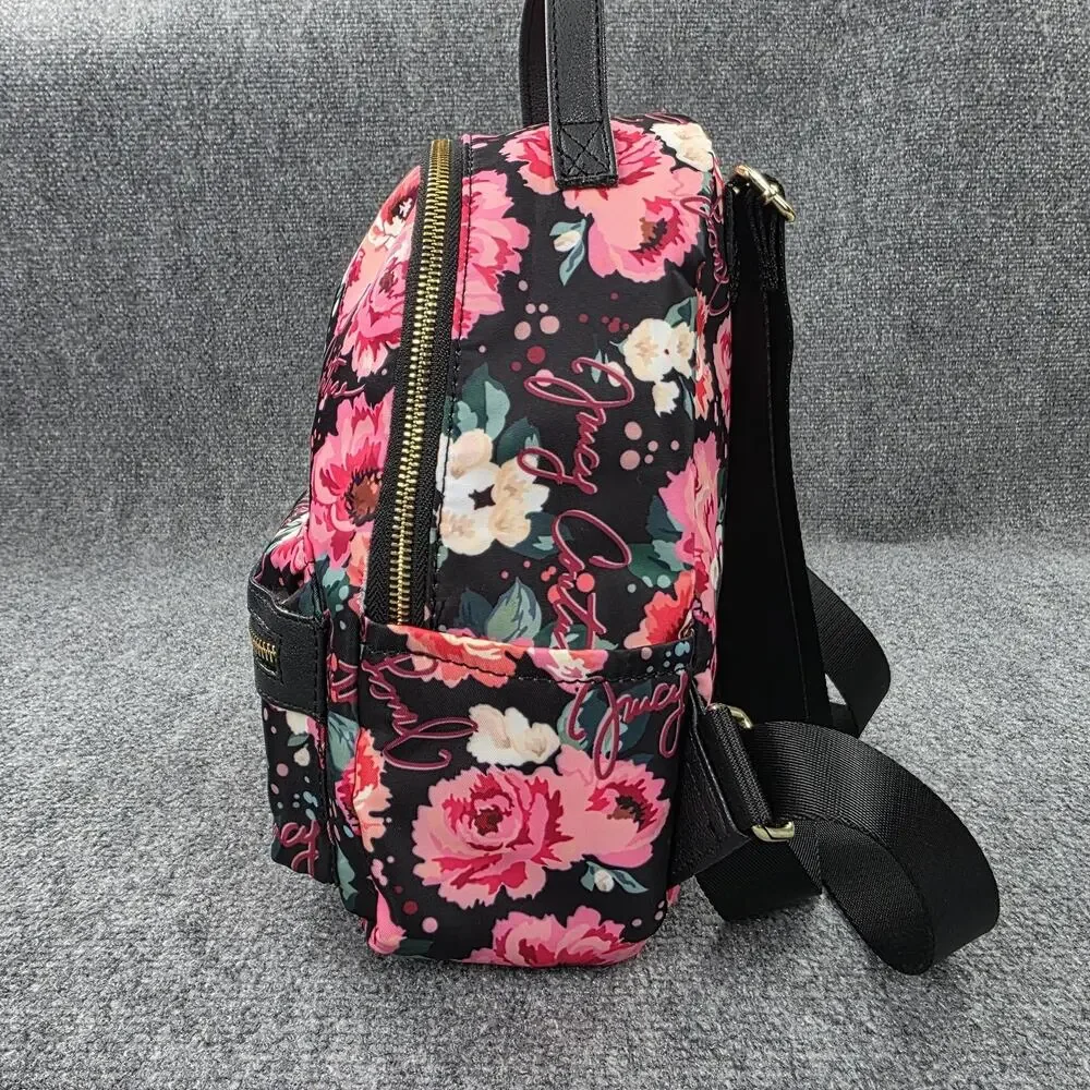 Juicy Couture Backpack Womens Mini Black Floral Rose Print Casual Daypack Zip